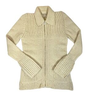 Gaeltarra Handloomed Aran Wool Zip Cardigan Sweater Cream Ireland Vintage 86cm